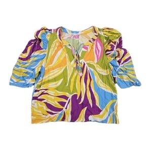 Christian Siriano Linen Blend Top Tropical Resort Puff Half Sleeve Beaded Tassle